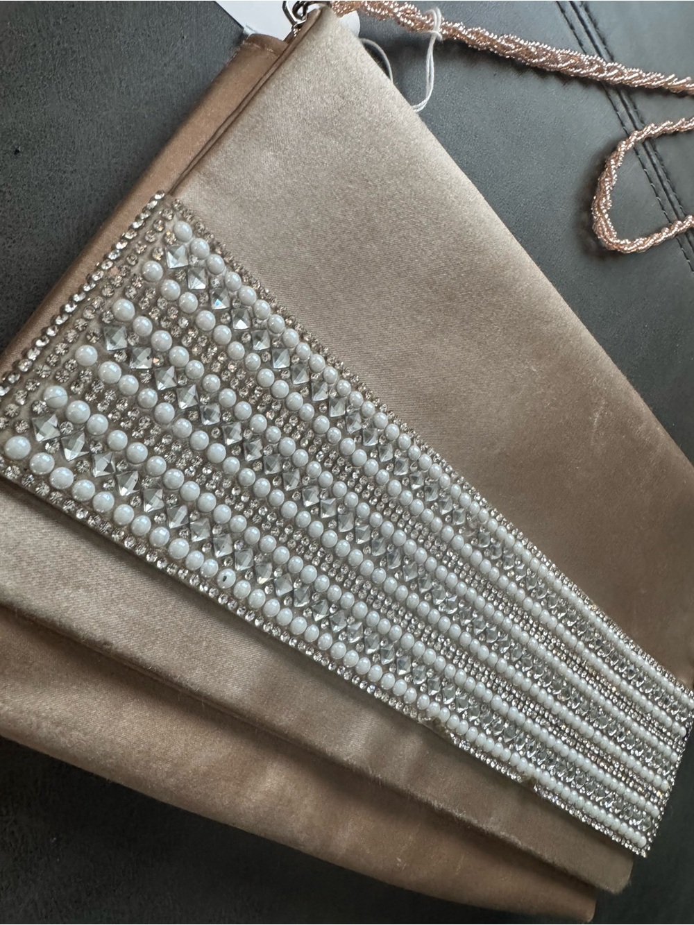 Nina Rose Gold Satin Clutch with Pearls & Crystals
